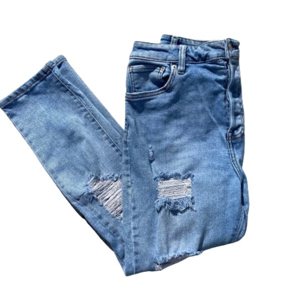 Forever 21 Jeans, Highly Distressed High Rise Button Fly, sz 31 (US 10) - Picture 1 of 7